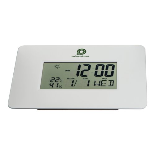 Reloj de escritorio blanco con pantalla digital.