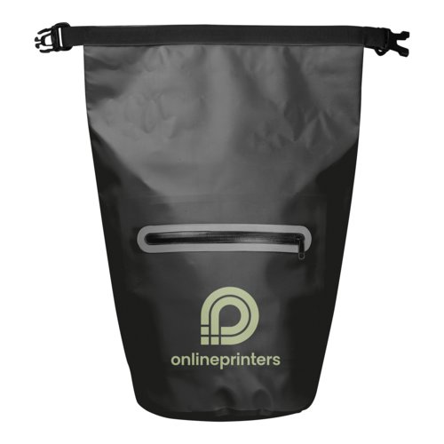 Bolsa negra impermeable con bolsillo con cremallera y cierre de clip.