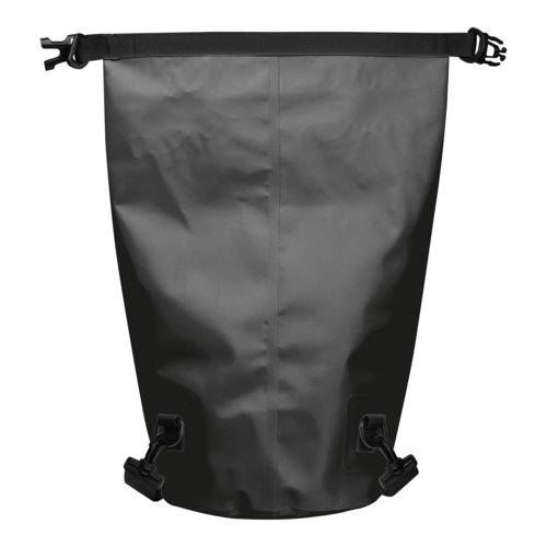 Bolsa negra impermeable con cierre enrollable y hebilla.