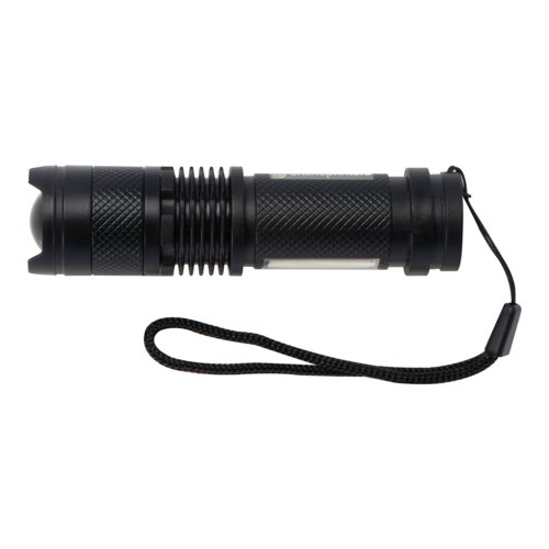 Linterna negra recargable de metal con correa de mano.