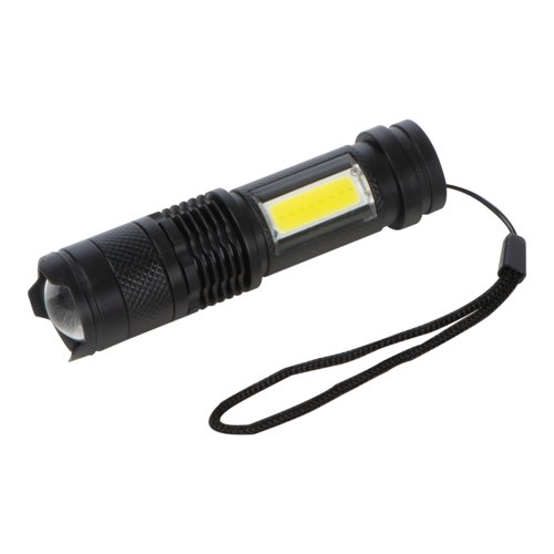 Linterna negra recargable con correa de mueca.