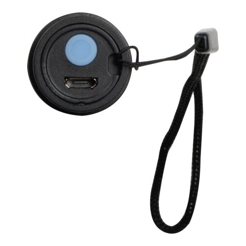 Linterna recargable negra con correa de mano.