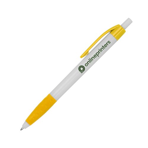 Bolgrafo de plstico amarillo con clip y botn pulsador.