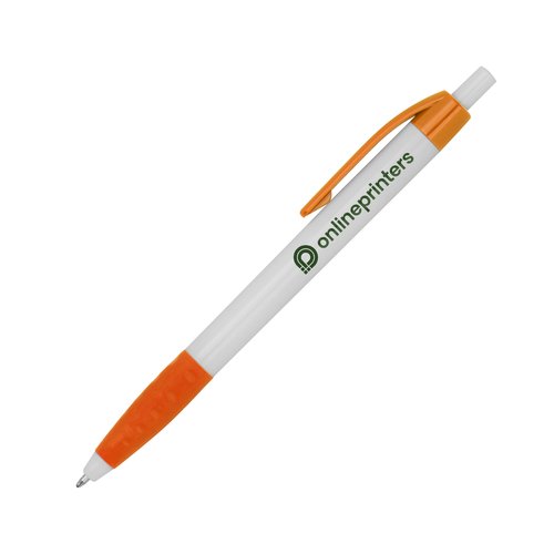 Bolgrafo de plstico naranja con clip y botn pulsador.