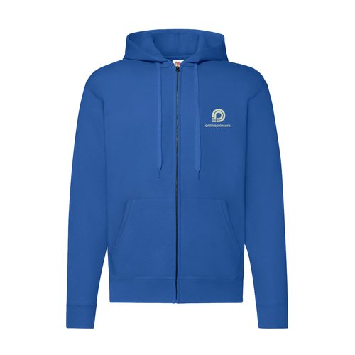 Chaqueta de felpa azul real de algodn y polister con capucha y cremallera completa.