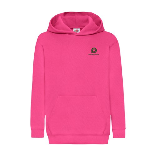 Sudadera con capucha fucsia de algodn y polister para nios con capucha y bolsillo canguro.