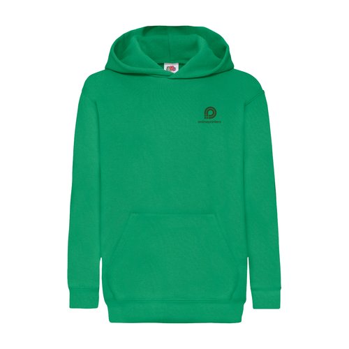 Sudadera con capucha verde de algodn y polister para nios con capucha y bolsillo canguro.