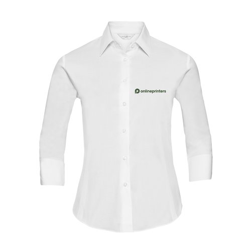 Blusa blanca de mezcla de algodn para mujer con tapeta de botones y mangas 3/4.