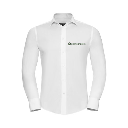 Camisa blanca de algodn y elastano para hombre con mangas largas y tapeta de botones.