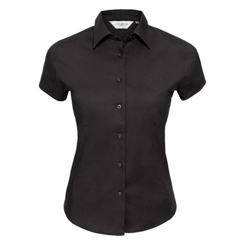 Blusa negra de manga corta de tela con cuello y tapeta de botones.