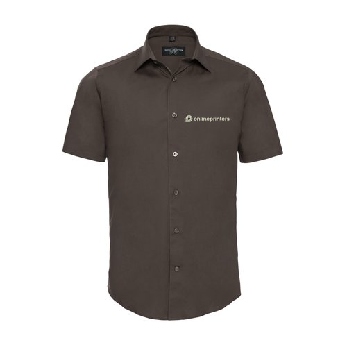 Camisa marrn de manga corta en mezcla de algodn con tapeta de botones.