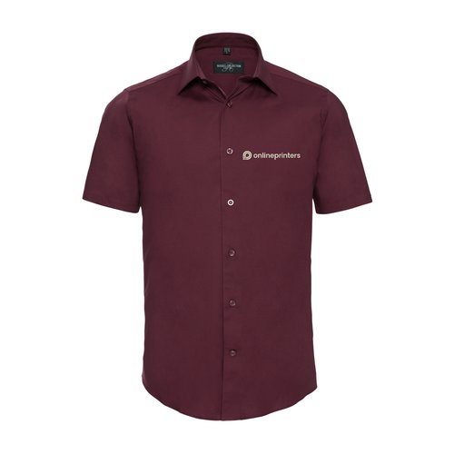 Camisa de manga corta burdeos de mezcla de algodn con tapeta de botones.