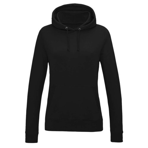 Sudadera con capucha negra de algodn y polister para mujer con capucha y bolsillo tipo canguro.