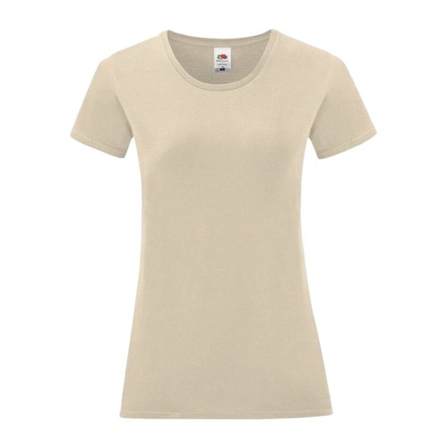 Camiseta beige de algodn para mujer con cuello redondo y manga corta.