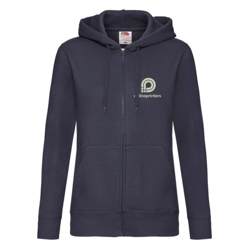Chaqueta con capucha azul oscuro para mujer con cremallera completa.