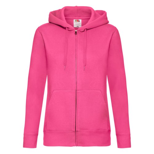 Chaqueta con capucha rosa para mujer en mezcla de algodn con cremallera completa y bolsillo tipo canguro.