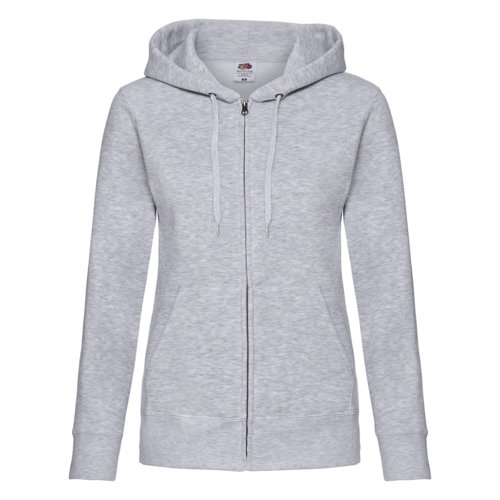 Chaqueta con capucha para mujer en mezcla de algodn y polister gris jaspeado con cremallera completa y bolsillos.