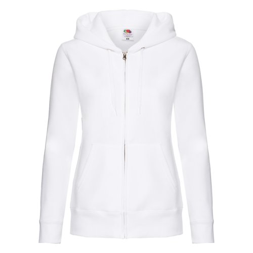 Sudadera blanca con capucha de mezcla de algodn, cremallera completa y bolsillos.