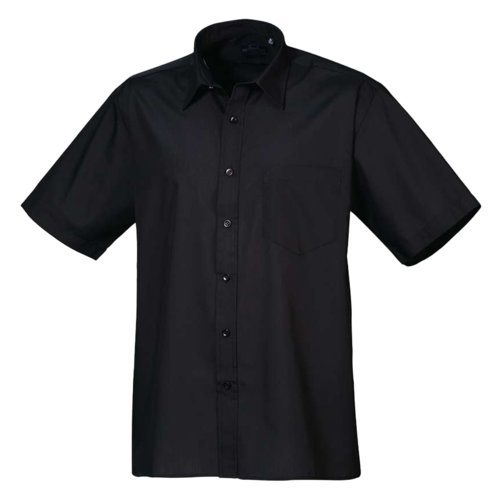 Camisa negra de manga corta para hombre en polister y algodn con tapeta de botones.