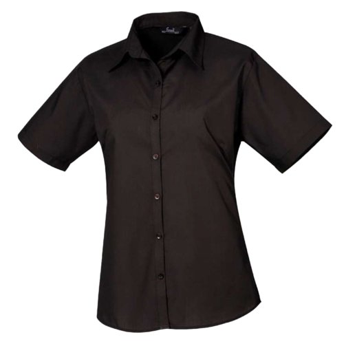 Blusa de manga corta de popelina negra con tapeta de botones para mujer.