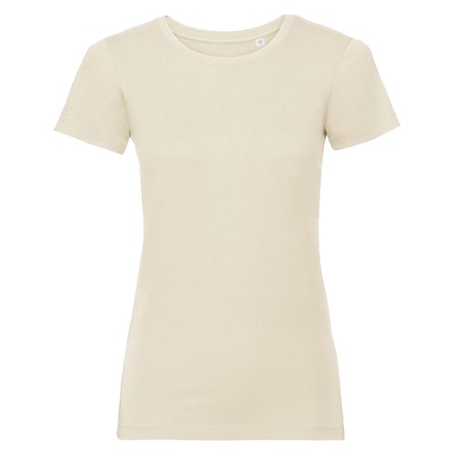 Camiseta beige de algodn para mujer con mangas cortas.