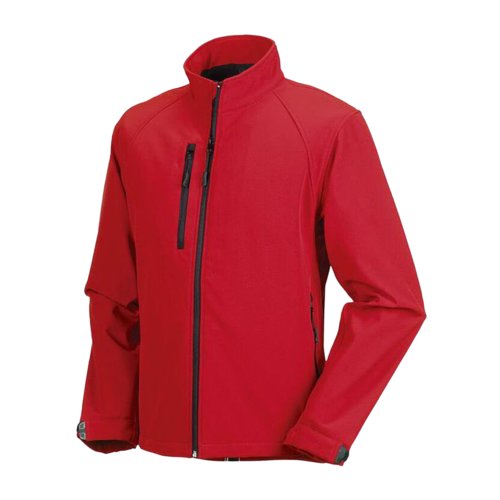 Chaqueta softshell roja de polister y elastano para hombre con bolsillos con cremallera.