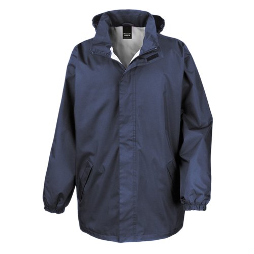 Chaqueta de lluvia azul marino de polister para hombre con capucha.