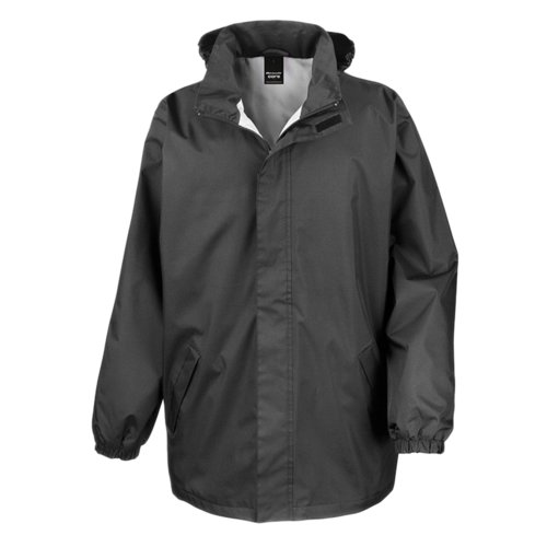 Chaqueta de lluvia negra de polister con capucha.