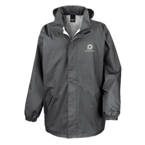 Chaqueta de lluvia gris de material de peso medio con capucha.