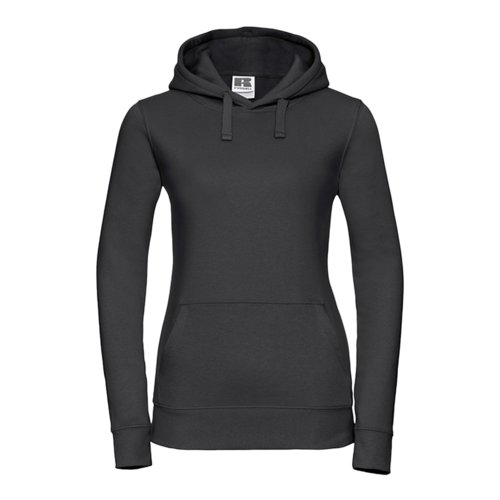 Sudadera con capucha negra de algodn y polister para mujer con bolsillo tipo canguro.