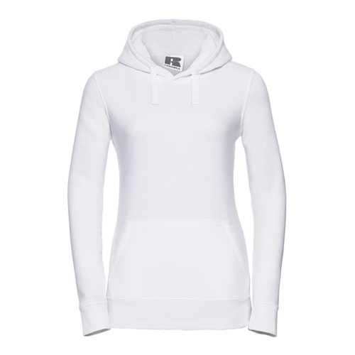 Sudadera blanca de algodn y polister para mujer con capucha y bolsillo canguro.