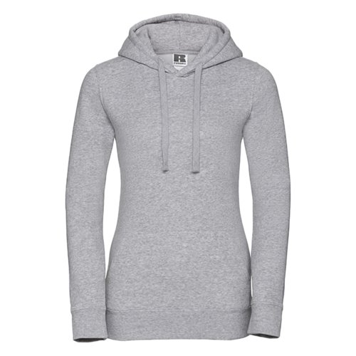 Sudadera gris de algodn y polister para mujer con capucha y cordn.