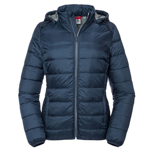 Chaqueta acolchada azul marino para mujer hecha de polister con capucha.