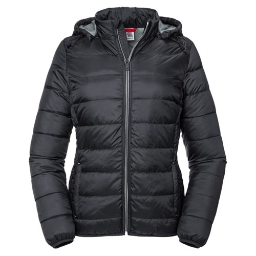 Chaqueta acolchada de polister negra para mujer con capucha.