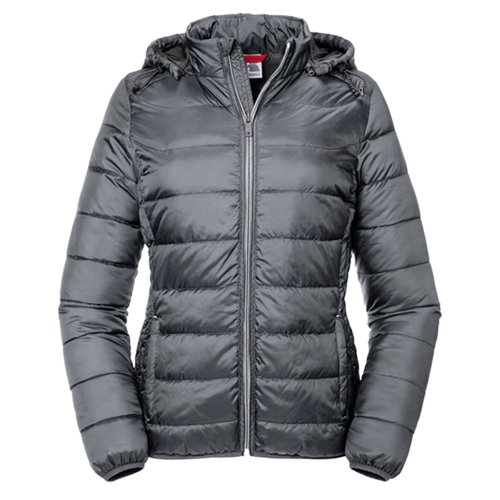 Chaqueta acolchada gris de polister con capucha y cremallera completa.