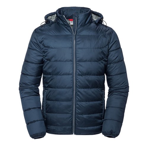 Chaqueta acolchada de polister azul marino con capucha para hombre.