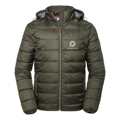 Chaqueta acolchada verde en material ligero con capucha para hombre.