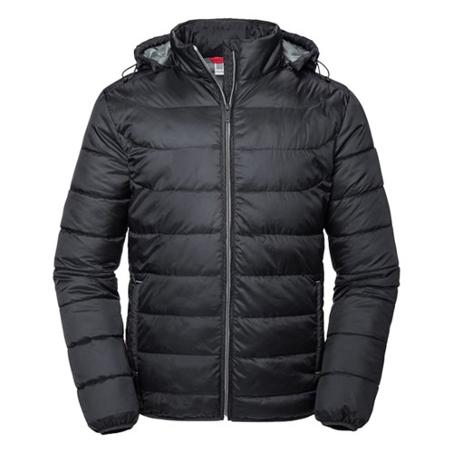 Chaqueta acolchada negra de polister con capucha.