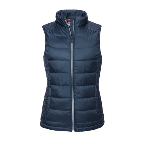 Chaleco acolchado de polister azul marino para mujer con cremallera completa.