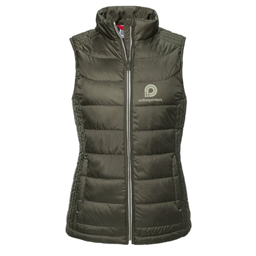 Chaleco acolchado verde para mujer con cremallera completa.