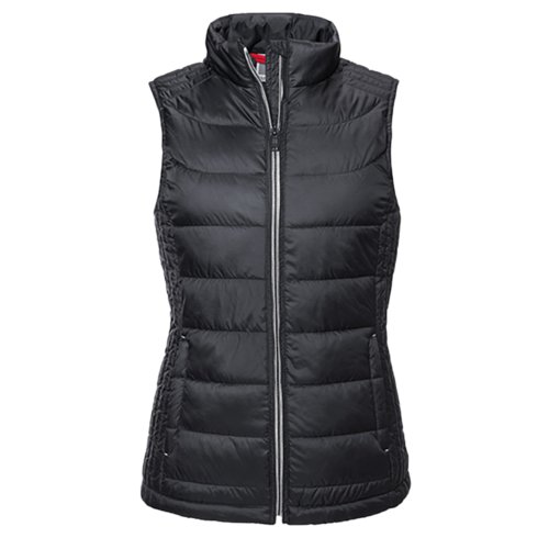 Chaleco acolchado negro de polister para mujer con cremallera completa.