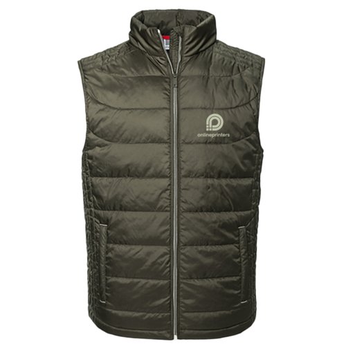Chaleco acolchado de color oliva en material ligero con cremallera completa para hombre.