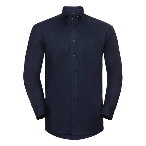 Camisa de hombre azul marino de algodn y polister con tapeta de botones.