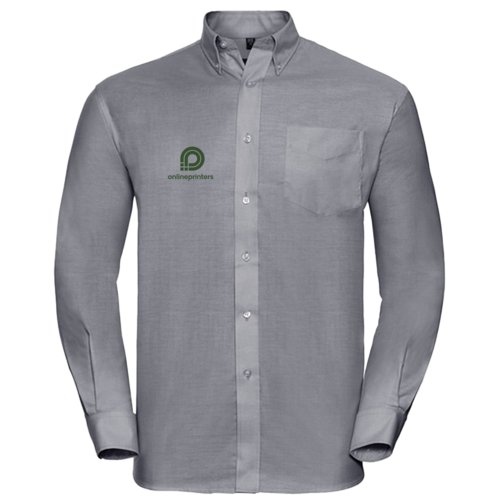 Camisa Oxford gris para hombre con tapeta de botones y bolsillo en el pecho.