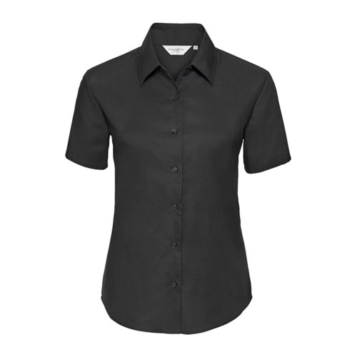 Blusa negra de mezcla de algodn con mangas cortas y tapeta de botones.