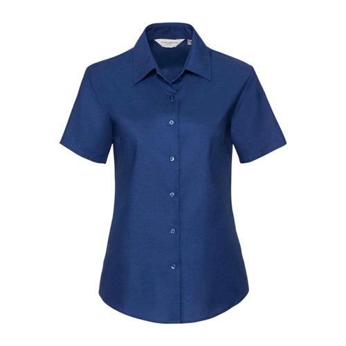 Blusa azul de mezcla de algodn con mangas cortas y tapeta de botones.