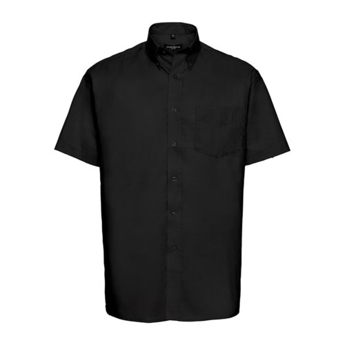 Camisa negra de algodn y polister con mangas cortas y bolsillo en el pecho.