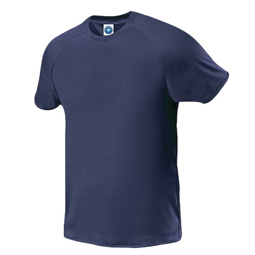 Camiseta de polister azul marino para hombre con mangas cortas.