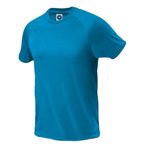 Camiseta de polister azul atoln para hombre con mangas cortas.