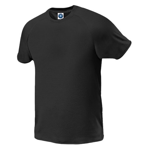 Camiseta negra de polister para hombre con mangas cortas.